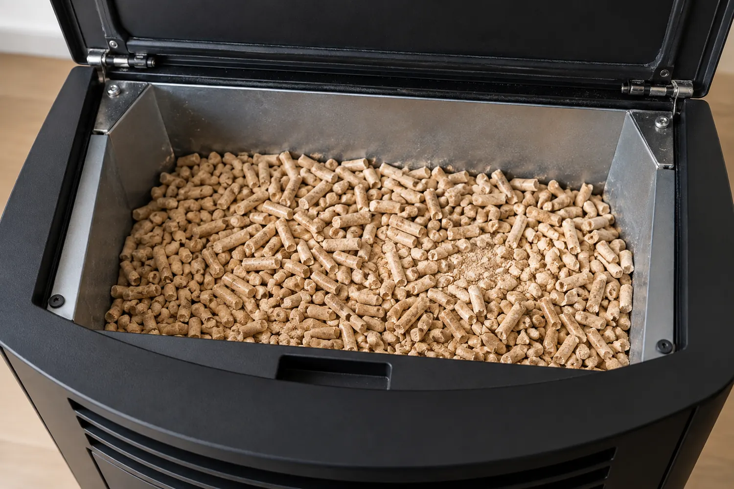 Pellets und Feinanteile in einem geöffneten Pelletbehälter